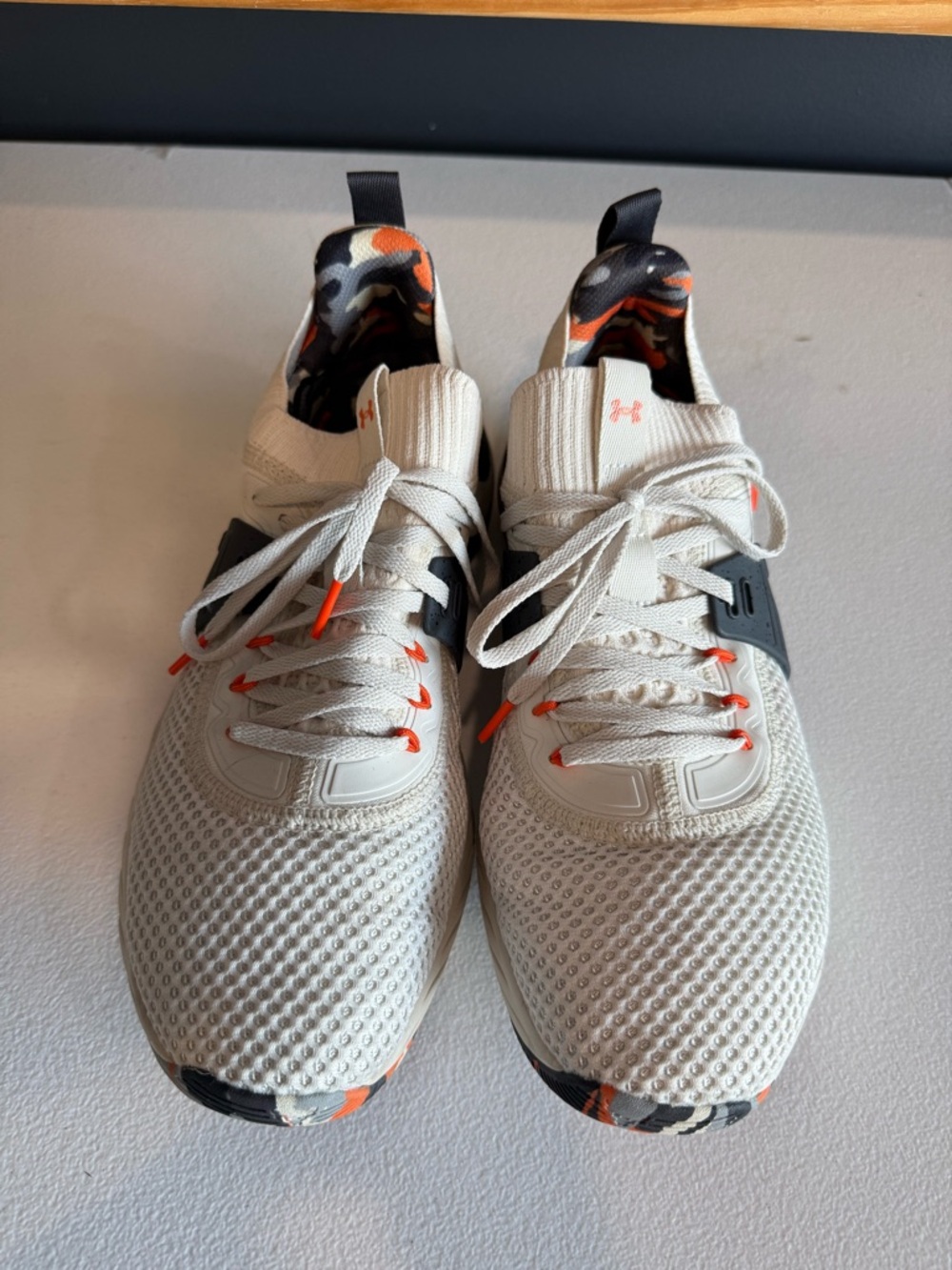 Under Armour Men’s Cream Knit Sneakers with Orange and Black Accents